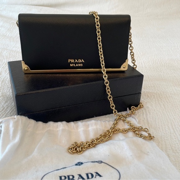 Prada Black and Gold Saffiano Leather Wallet on a Chain